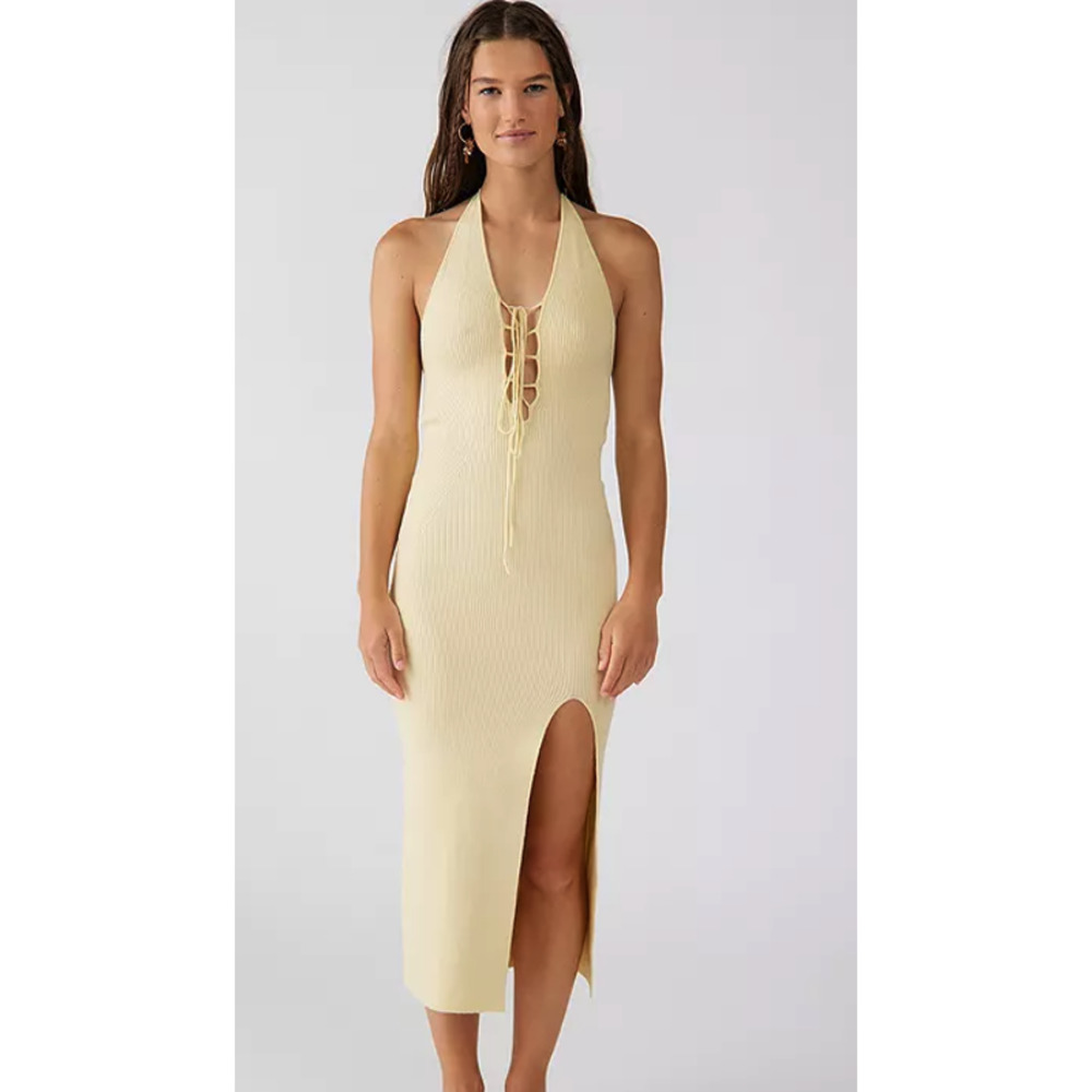 Urban Outfitters Pale Yellow Ribbed Halter Midi Dress